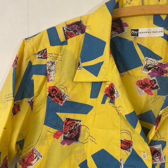Fun Loud Yellow 80’s Short Sleeve Button Up Postal Stamp Shirt - Picture 7 of 7